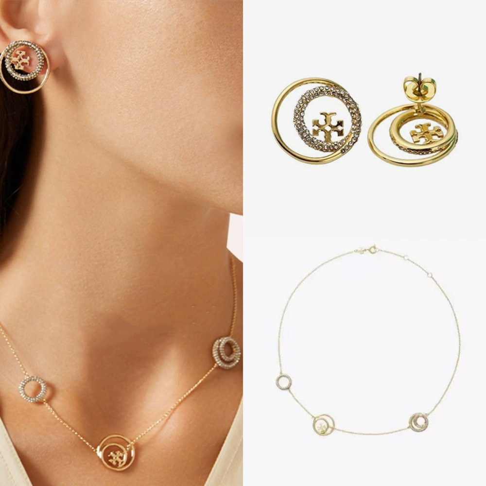 Tory Burch Gold Plated Micro Pave Star Orbit Double Hoop Stud Earrings